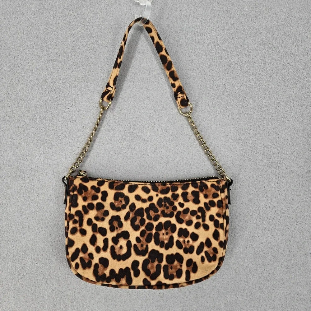 Leopard Print Faux Suede Feel Shoulder Bag Gold Chain Zip Y2K Style